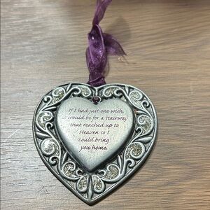 Heart-Shaped Silver Ornament with Purple Ribbon
